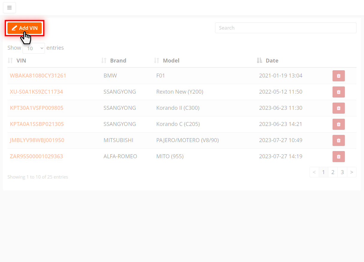 Adding a VIN number manually